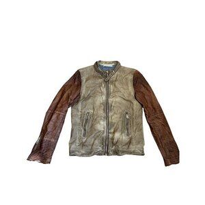 Zara Man Brown & Gray Faux Leather Jacket With Zippered Pockets & Sleeves